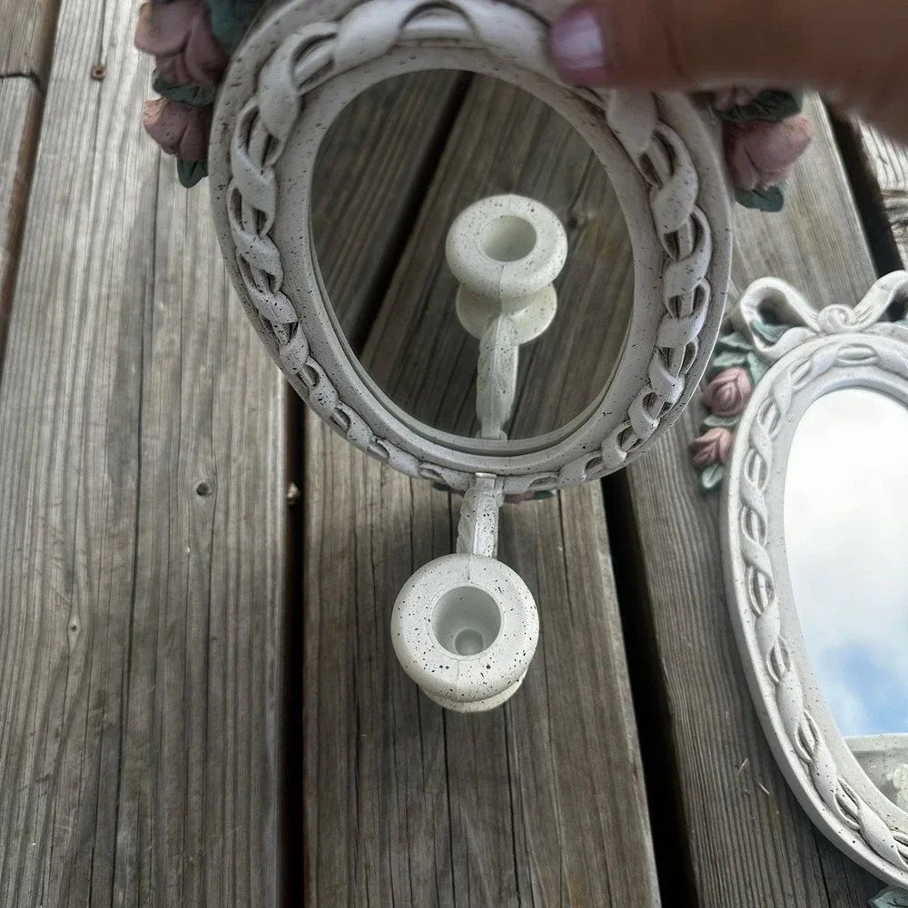 Vintage 2x white Wall Sconce‎ Candle Mirror White w/Pink Flowers Bows Coquette
